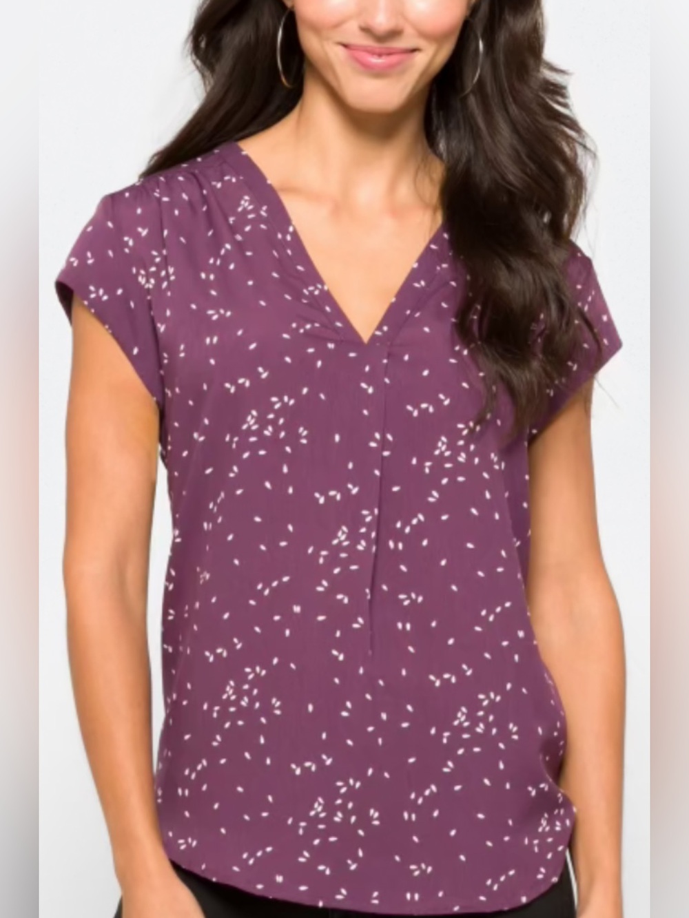 Lilian V Women's Plum Printed V-Neck Cap Sleeve Top